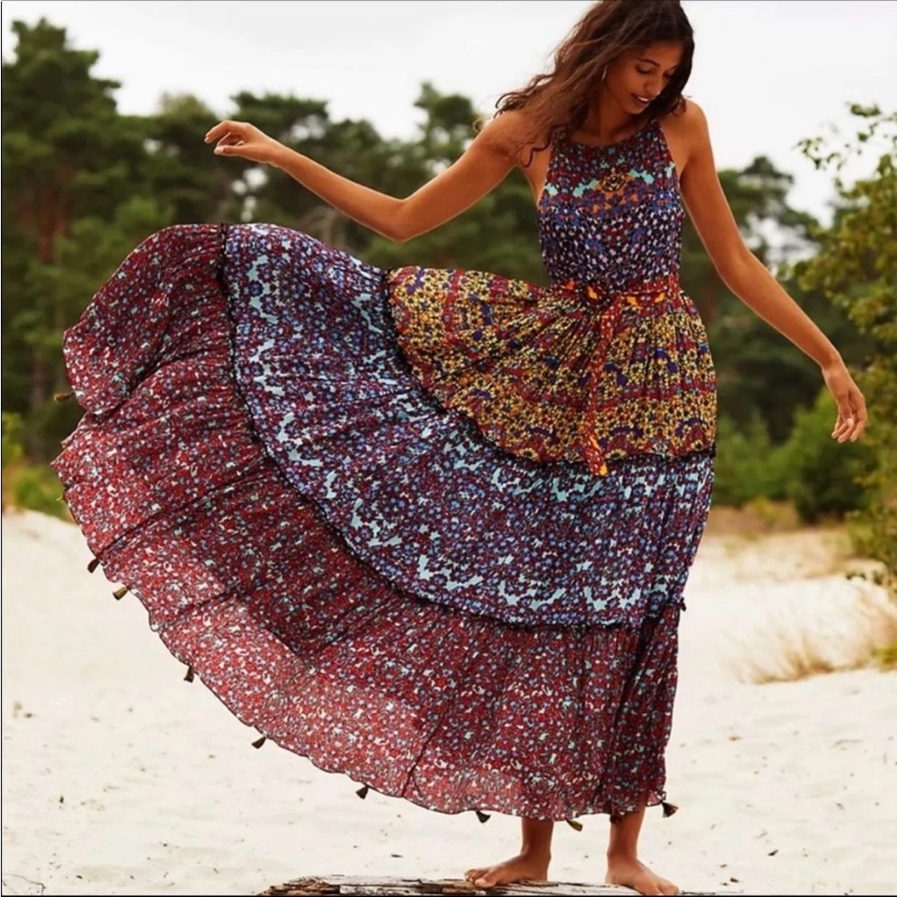 RARE Bhanuni by Jyoti Anthropologie Marala Multicolor Tier Maxi Boho Dress Sz 10